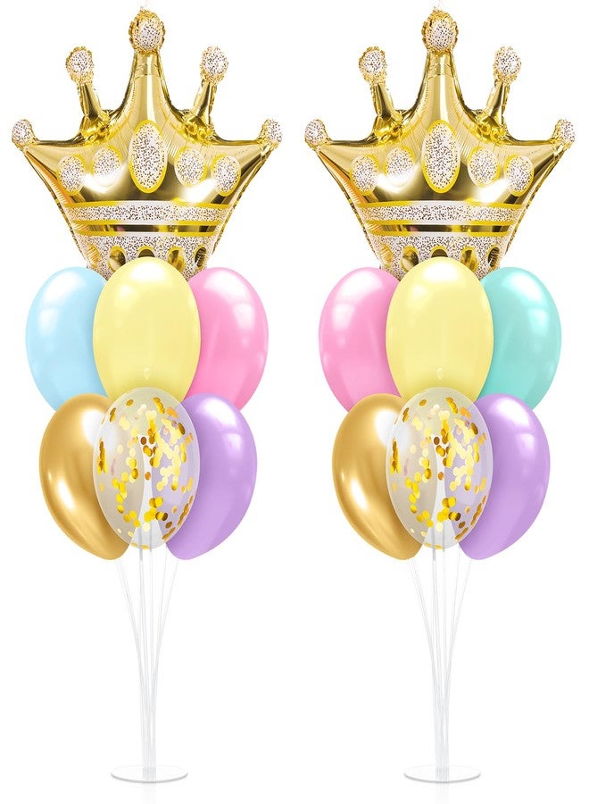 Seematn 2 Set Princess Balloon Stand Kits Pastel Gold Crown Balloons Sticks Holder with Base, Princess Birthday Party Table Centerpiece Kit for Woman Queen Wedding Baby Shower Fairy Tale Decoration - Image 1